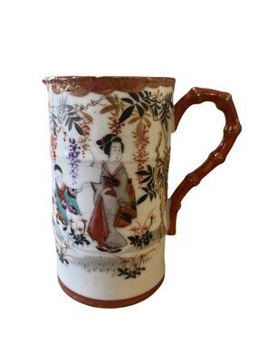 Vintage Water Pitcher Teapot Japan Geisha Girl Orange Gold Trim Hand Painted